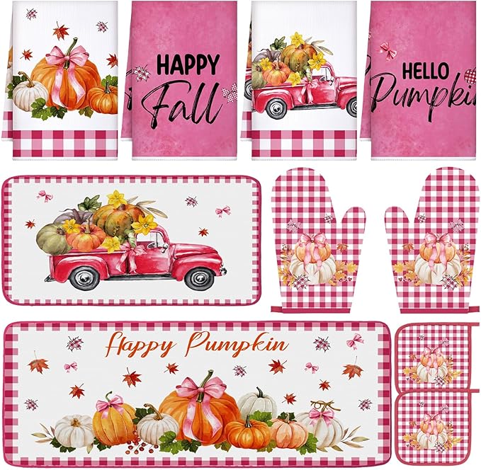 Fanfanwin 10 Pcs Thanksgiving Pumpkin Kitchen Decor Set Pink Kitchen Towels Pot by Fanfanwin