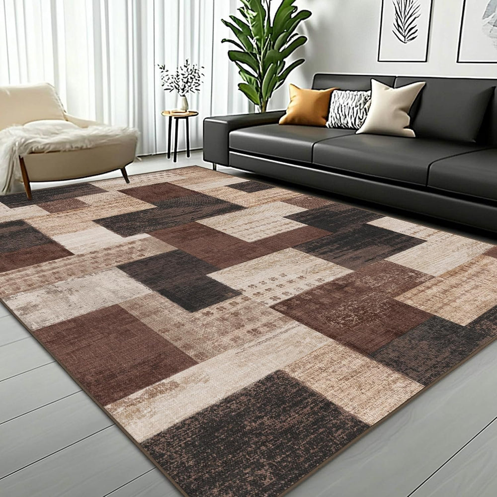 Modern Geometric Patchwork Indoor Area Rug for Living Room, Chocolate 8'x...