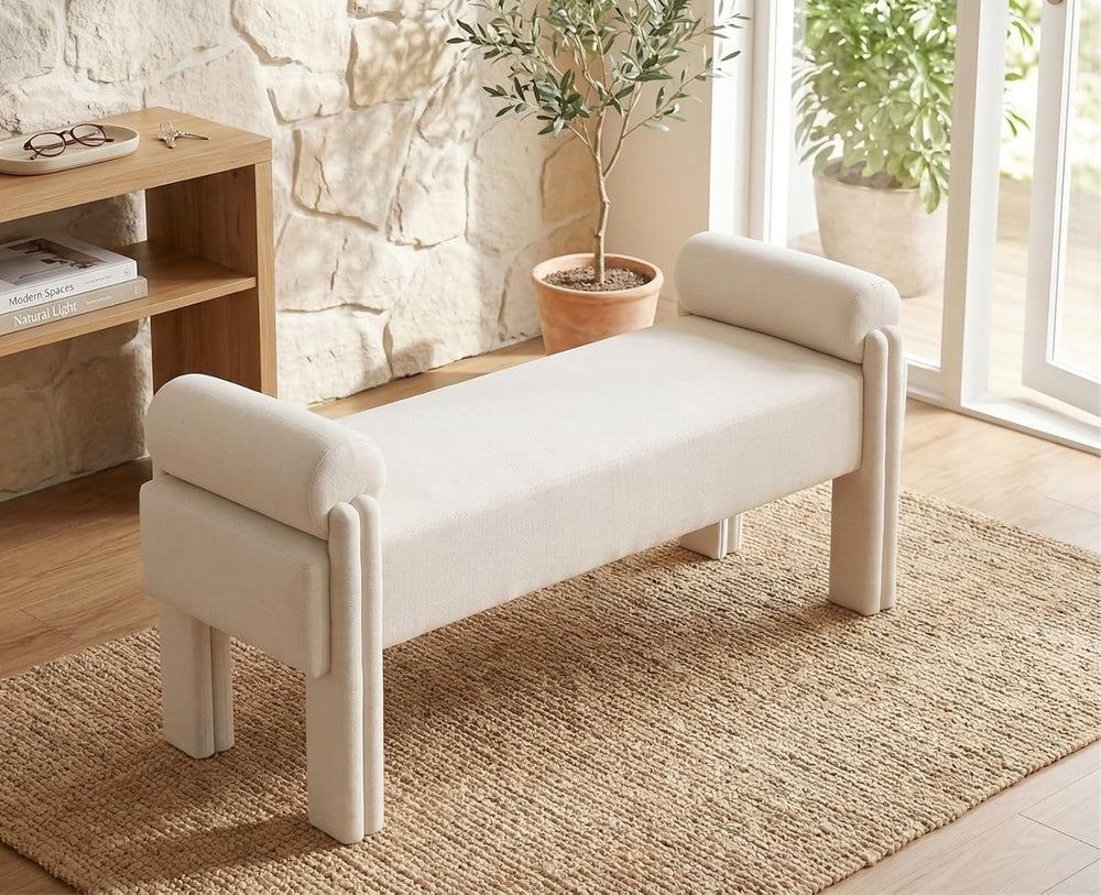 ROCITY Beige Linen End of Bed Bench 53 Inch Long Ottoman Fabric Padded Bedroo...