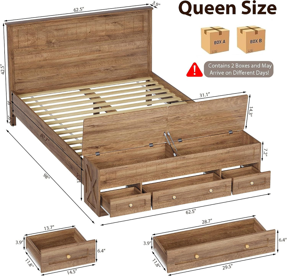 Farmhouse Queen Bed Frame with Headboard and Storage Bench (Rustic Brown)