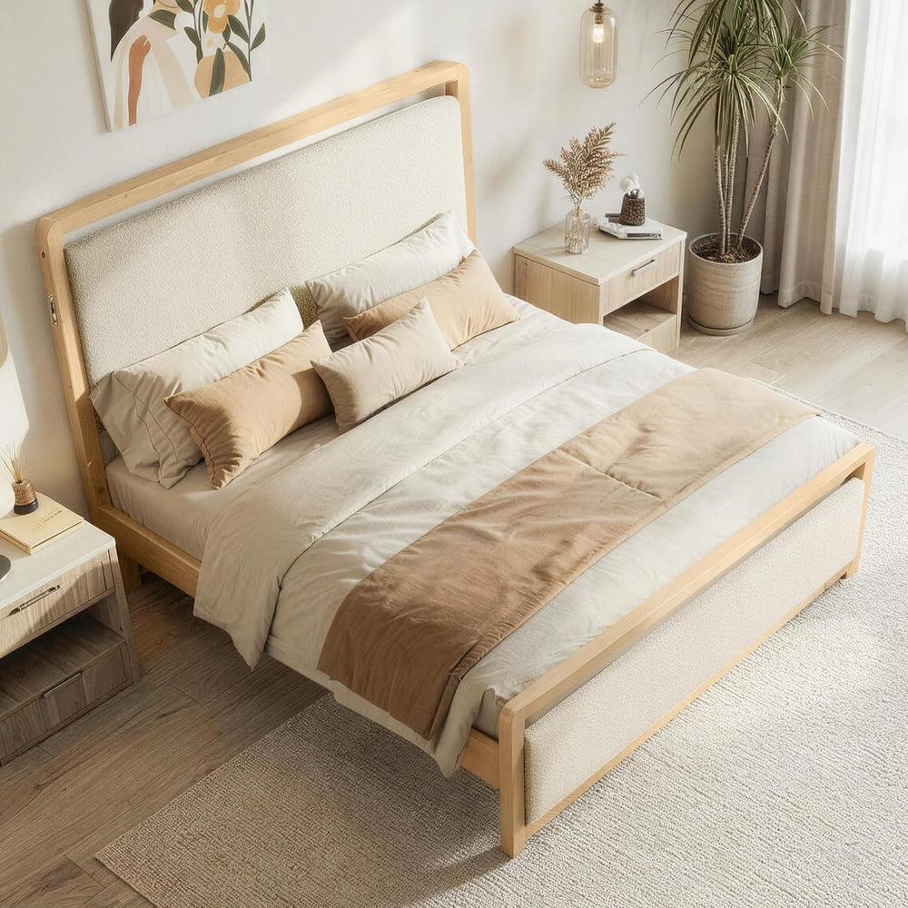 KISLOT Queen Wood Platform Bed Frame with Boucle Upholstered Headboard, Mid-C...