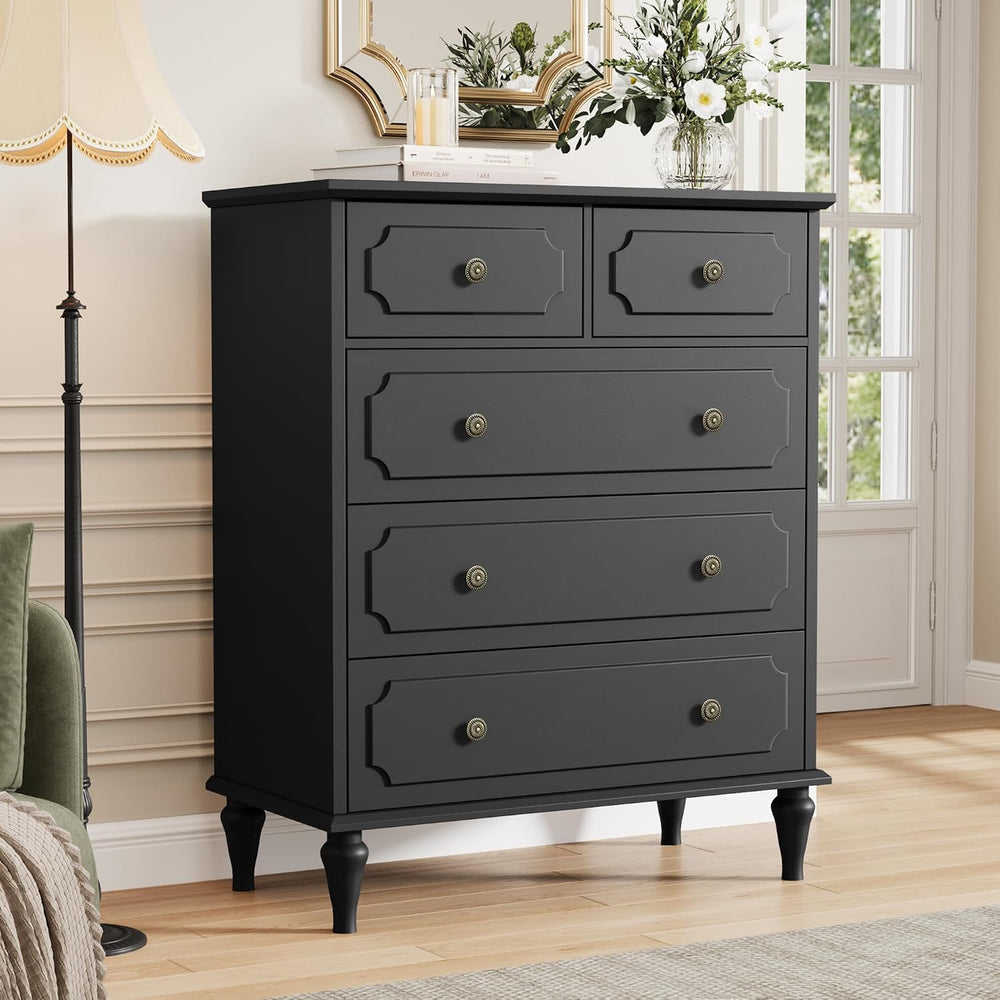 Black Dresser with 5 Drawers, Vintage Tall Dresser for Bedroom