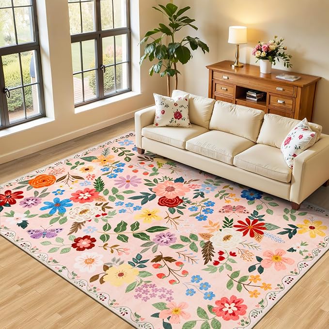 Area Rug Living Room Rugs: Floral 5x7 Washable Rug Vintage Soft Boho Non-Slip by PLHXFRSoftAreaRugs