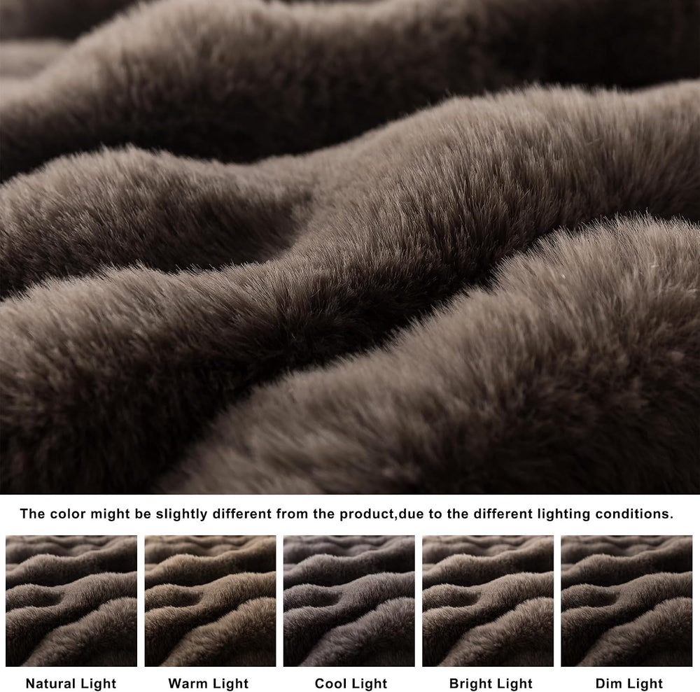 WDCOZY Luxury Bubble Throw Blanket, Brown Faux Rabbit Fur Mink Plush Throw fo...