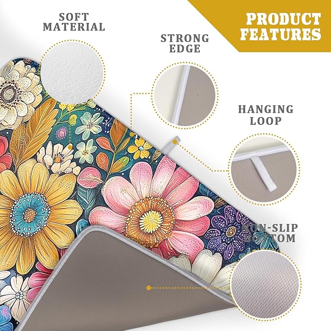 Giwawa Boho Flower Dish Drying Mat, Colorful Floral Leaf Dish Drainer Mats - Image 4