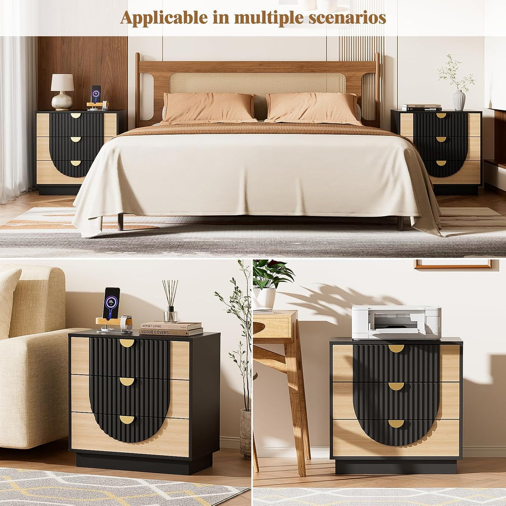 3 Drawer Nightstand with Charging Station, 28" Fluted Night Stand & ...
