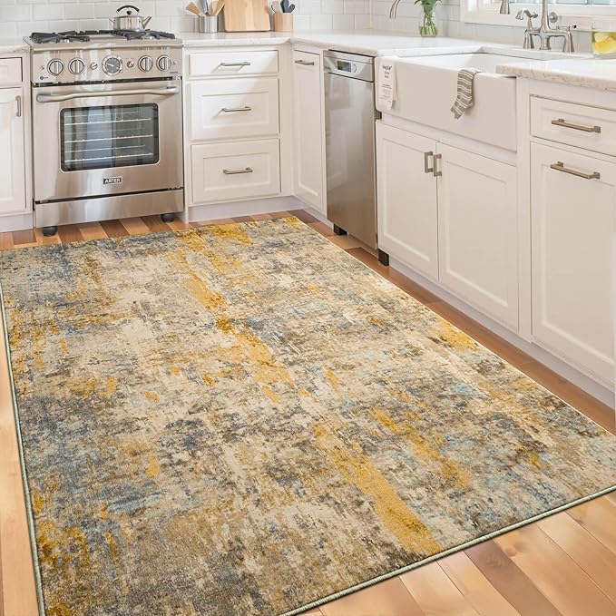 Area Rug 4x6 Beige Rug Washable Boho Rugs Non Slip Low Pile Abstract Small - Image 4