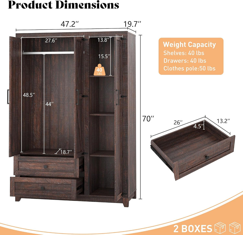 AMERLIFE Farmhouse 3 Door Wardrobe Closet with 2 Drawers & Hanging Rod