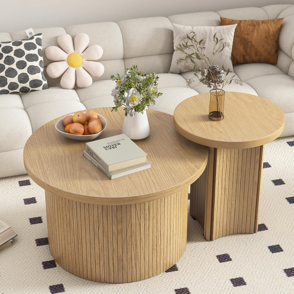 Mxtxmy Set of 2 Nesting Coffee Tables Farmhouse,Round Coffee Table Living Roo...