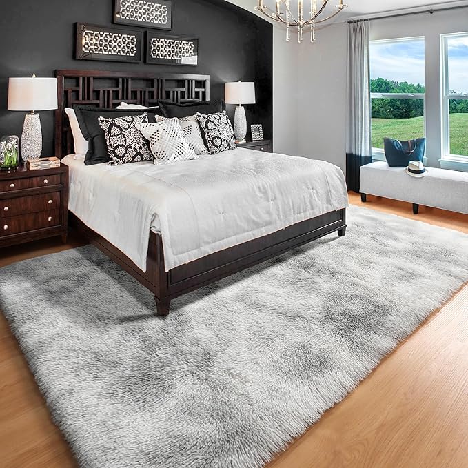 ONASAR 6x9 Area Rugs for Living Room, Large Tie-Dyed Light Grey Fluffy Shag Rug - Image 5