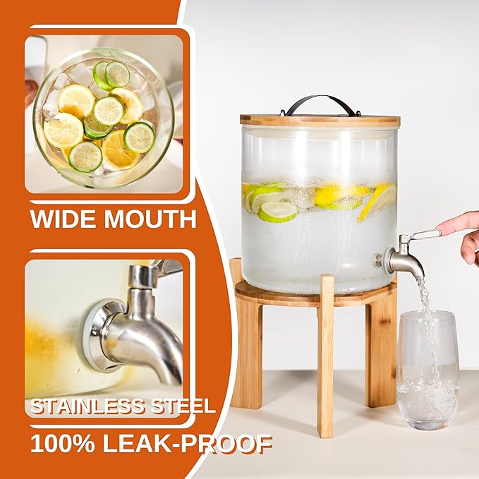 Glass Beverage Dispenser with Bamboo Stand 6.7 In and Lid, Iced 1.5 Gallon - Image 3