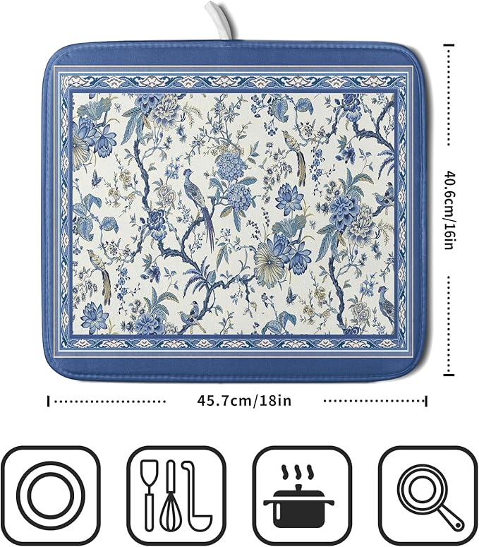Giwawa Chinoiserie Dish Drying Mat 16x18in Blue White Oriental Floral Birds - Image 2