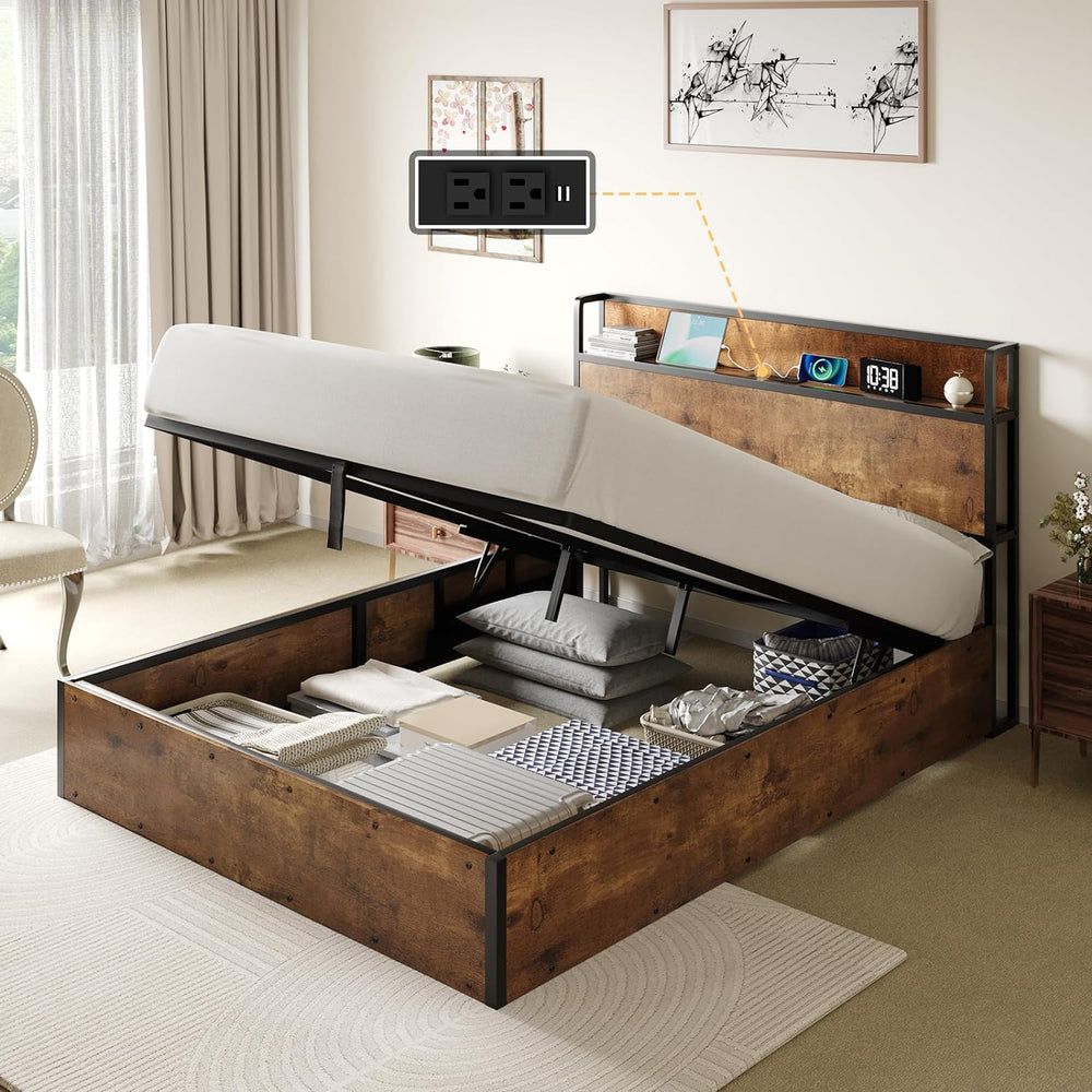 AMERLIFE Full Size Lift Up Storage Bed Frame with Charging Station