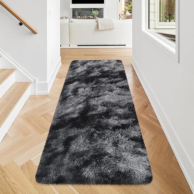 Tie-Dyed Runner Rug for Bedroom Black Grey 2x5ft Fluffy Area Rug Bedside Runner - Image 2