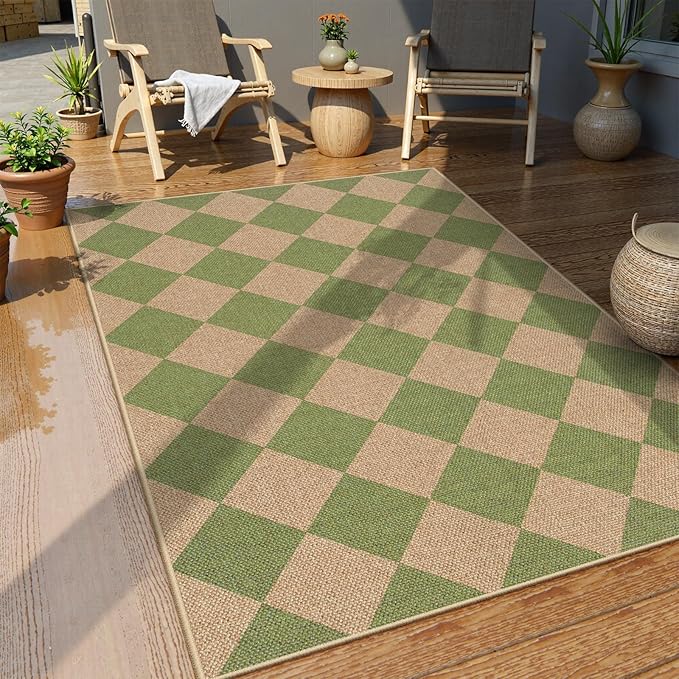 Lahome Colette Green Checkered Easy Jute Rug, 3x5 Washable Outdoor Rug Neutral - Image 2