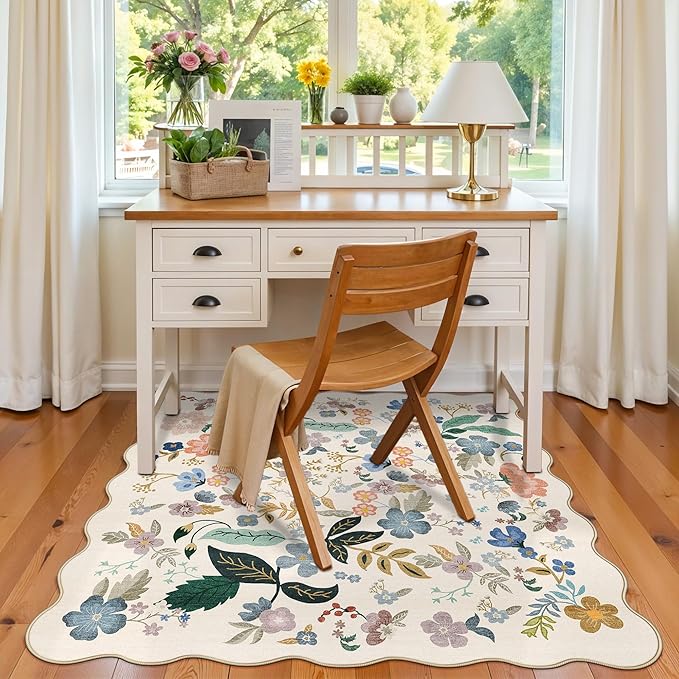 Washable 4x4 Square Area Rug: Floral Scalloped Soft Rugs - Image 3