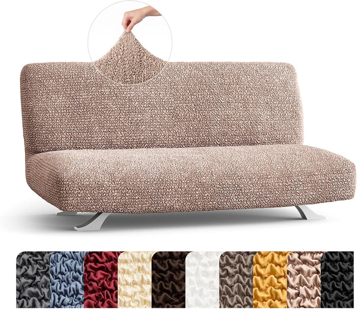 PAULATO Stretch Futon Couch Slipcover 1-Piece – Bi-Elastic Armless Sofa Bed Cover – Furniture Protector Machine Washable – Blush Taupe
