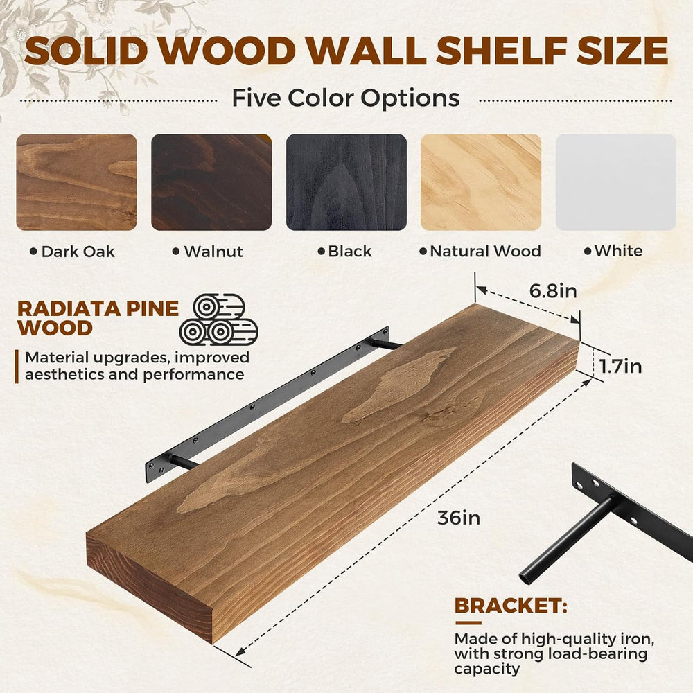 36x6.8x1.7in Solid Wood Floating Wall Shelf Set of 2 Oak Finish