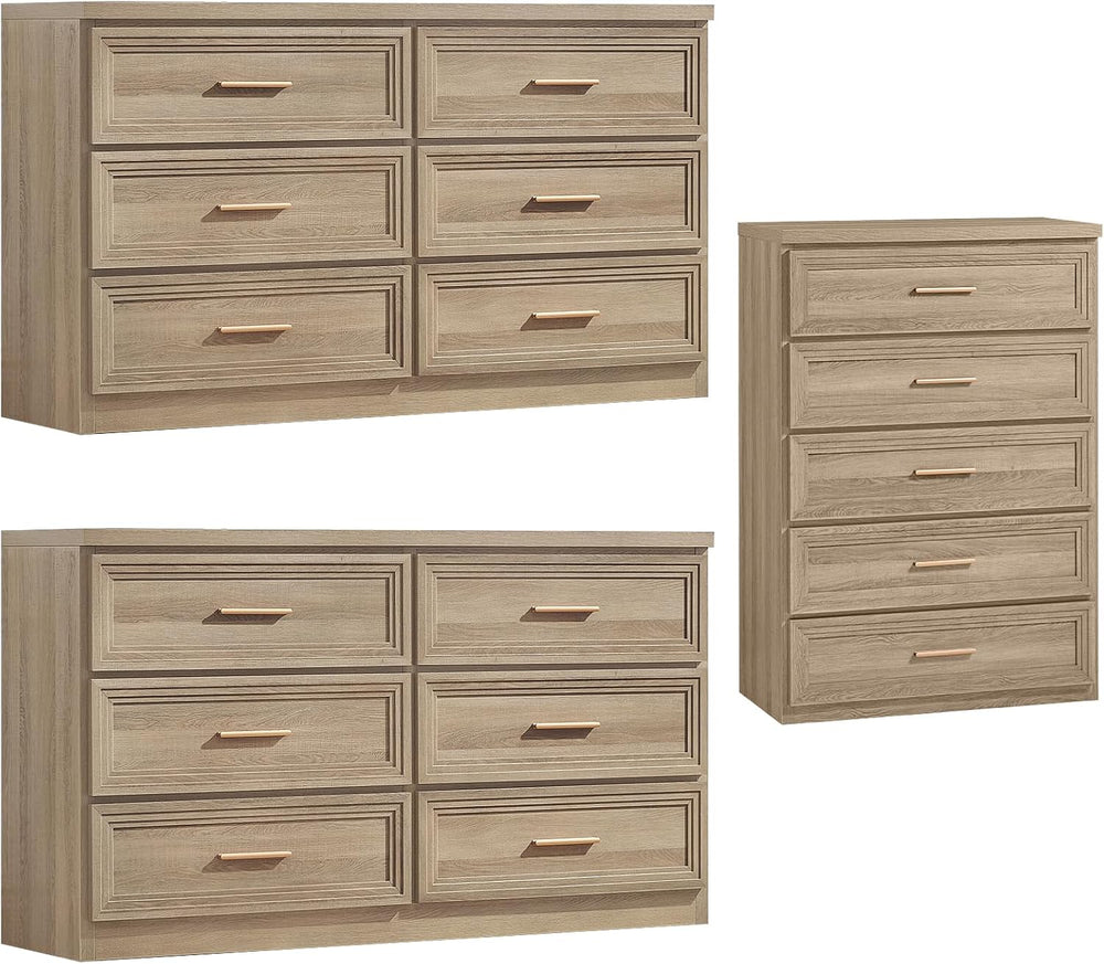 RWYHG 3 Piece Dresser for Bedroom Set Furniture Wood Closet Gold Handle