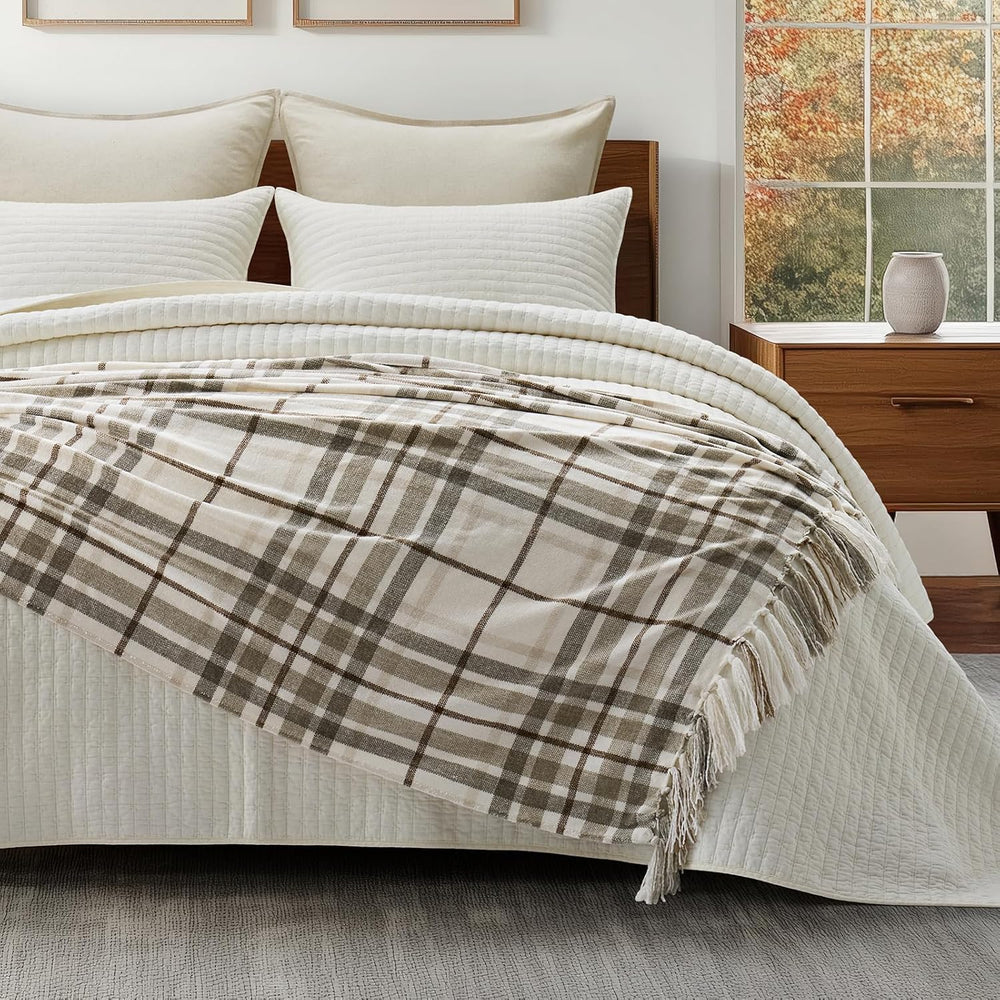 EverGrace Plaid Chenille Knit Throw Blanket for Couch, 50"x60", Beige