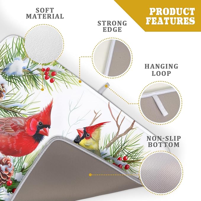 Giwawa Red Birds Dish Drying Mat, Xmas Tree Branch Holly Red Berries Dish - Image 4