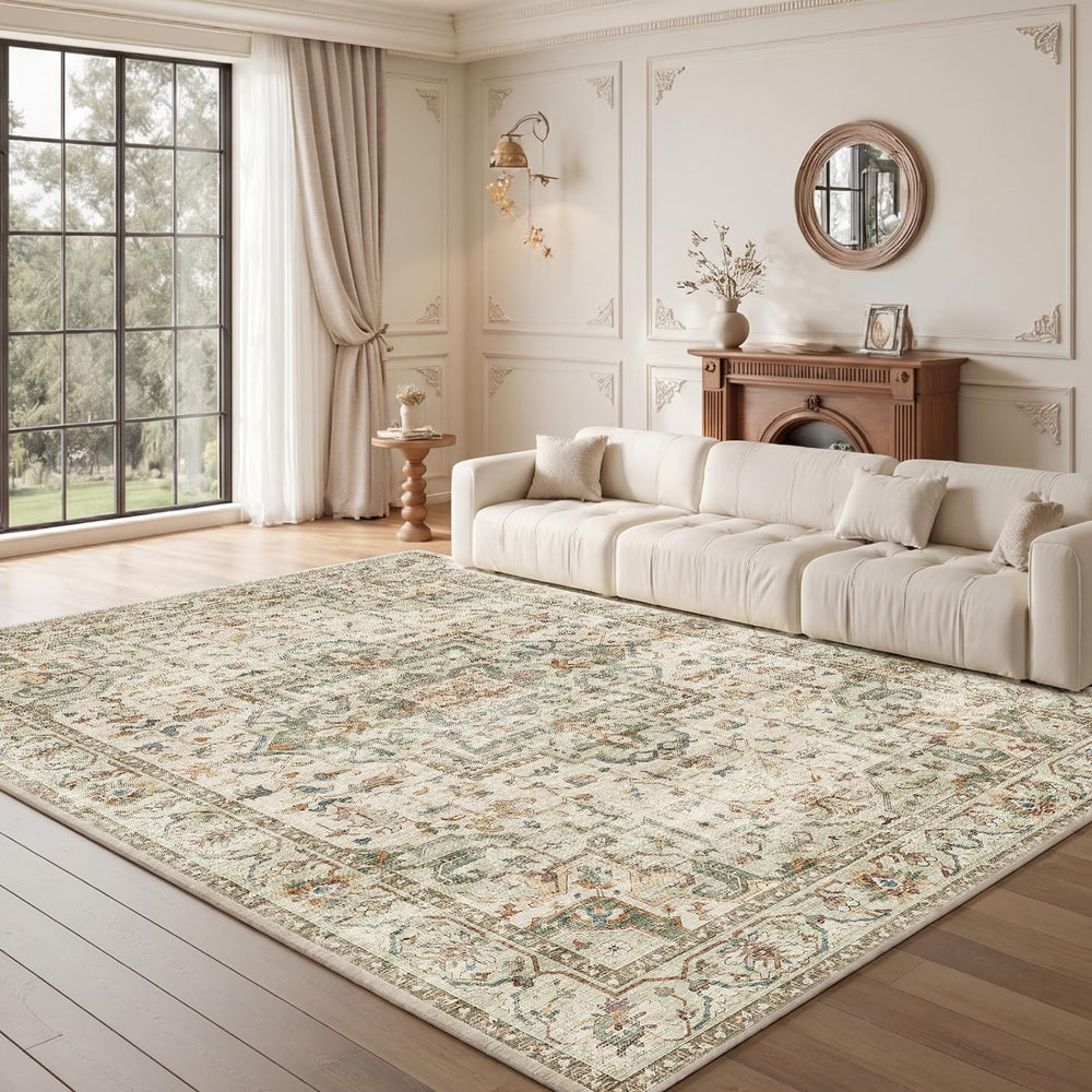 ALAISE Area Rug 8x10 Ivory/Sage – Washable Vintage Boho, Ultra-Soft
