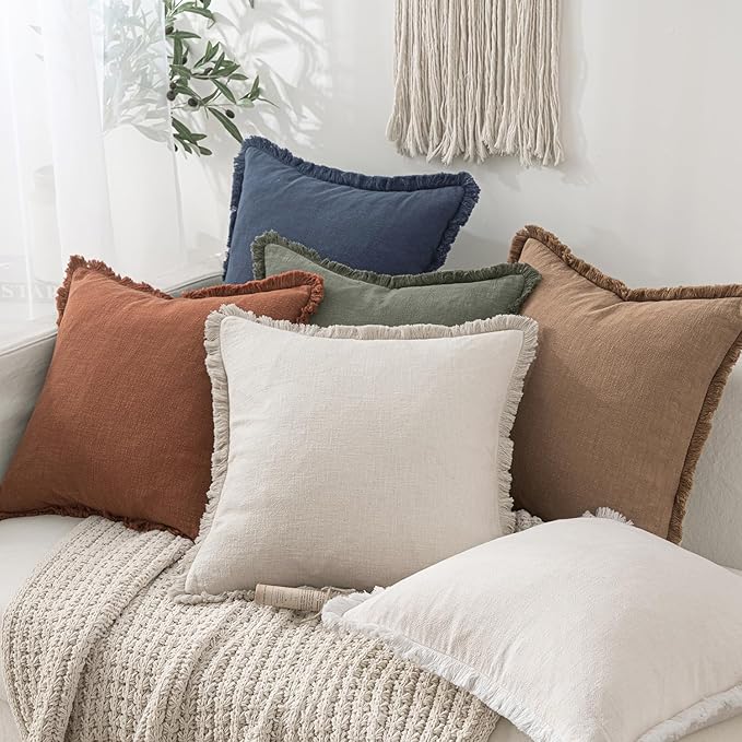 MIULEE Decorative Throw Pillow Covers Neutral Linen Fringe Throw Pillows Set of - Image 6