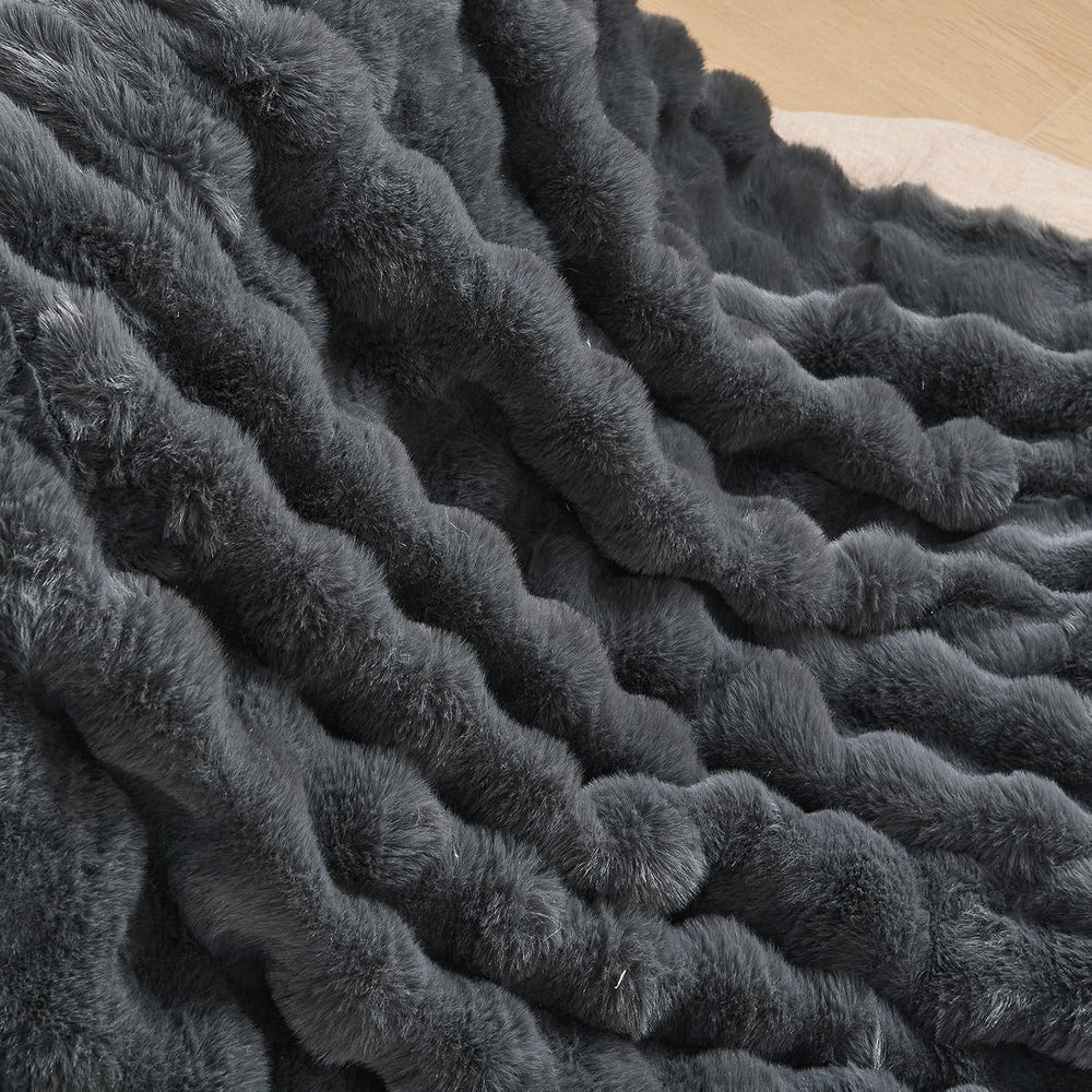 Lotus Karen Queen Size Faux Fur Blanket Dark Gray - Big Bubble Rabbit Fluff T...