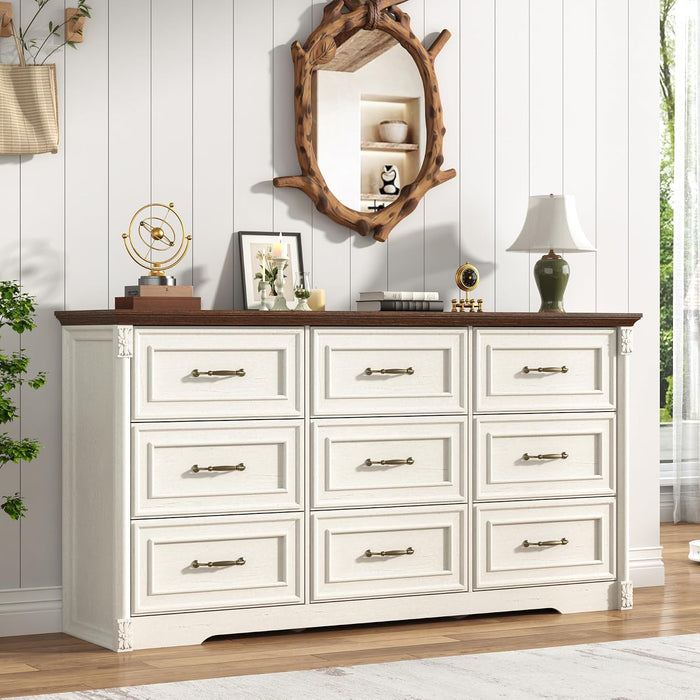 Farmhouse Wood 9 Drawer Dresser for Bedroom,Embossed Roman Column Wood Rustic 63 Inch Wide Dresser & Chest of Drawers with Rustic Handles,Tall Storage Organizer for Bedroom(Antique White)