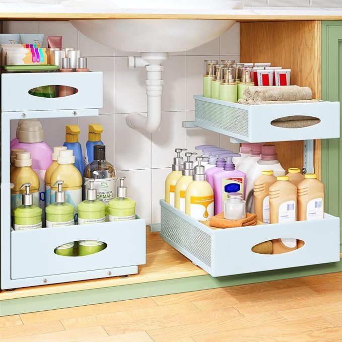 Under Sink Organizer, L-Shaped Adjustable Height, Mesh Sliding Drawer by Kitstorack