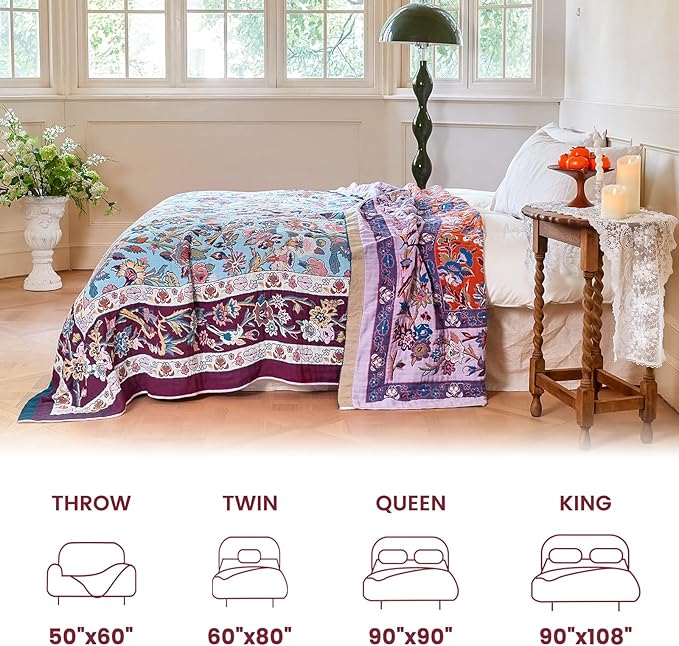 MSGKV Boho Throw Blanket for Couch 50"x60" 100% Cotton Sofa Floral Bird Blanket - Image 5