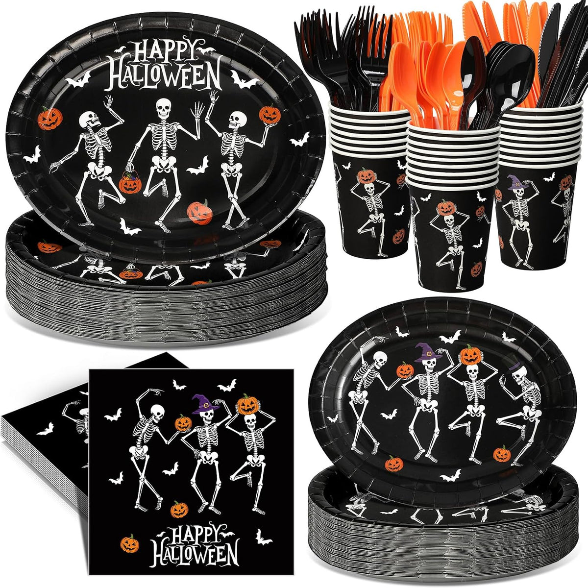 Pajean 350 Pcs Halloween Oval Paper Plates Set 12 inch Skeleton Oval Plates