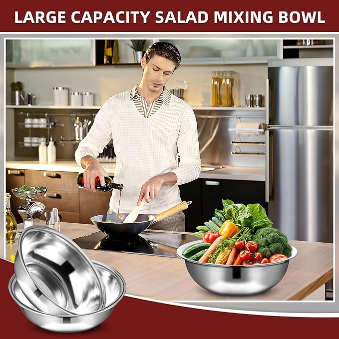 6 Pcs Stainless Steel Mixing Bowls Metal Mixing Bowls Extra Large Basin Salad - Image 3