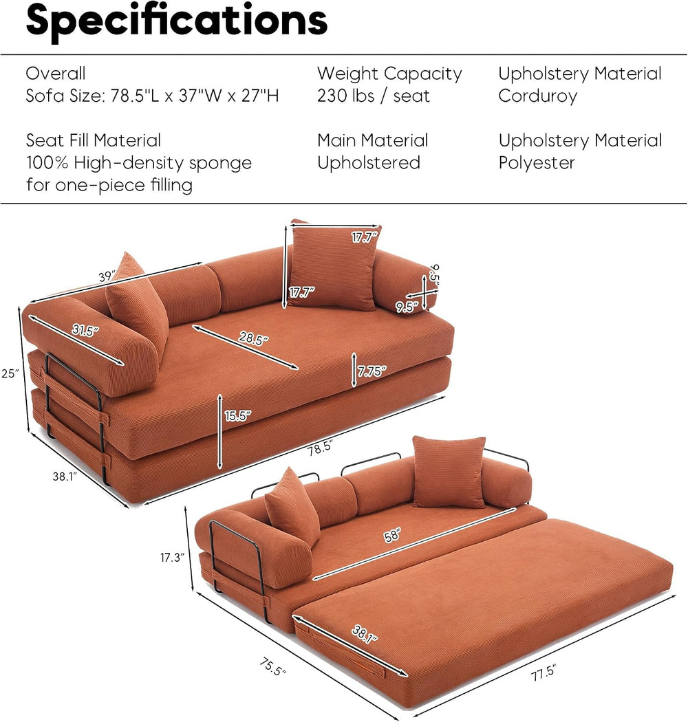 78" Convertible Futon Sofa Bed, Boneless Couches for Living Room, Orange