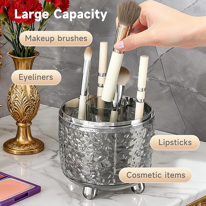 Makeup Brush Holder with Lid, Cosmetic Tools Organizer with Cover, 360° - Image 4