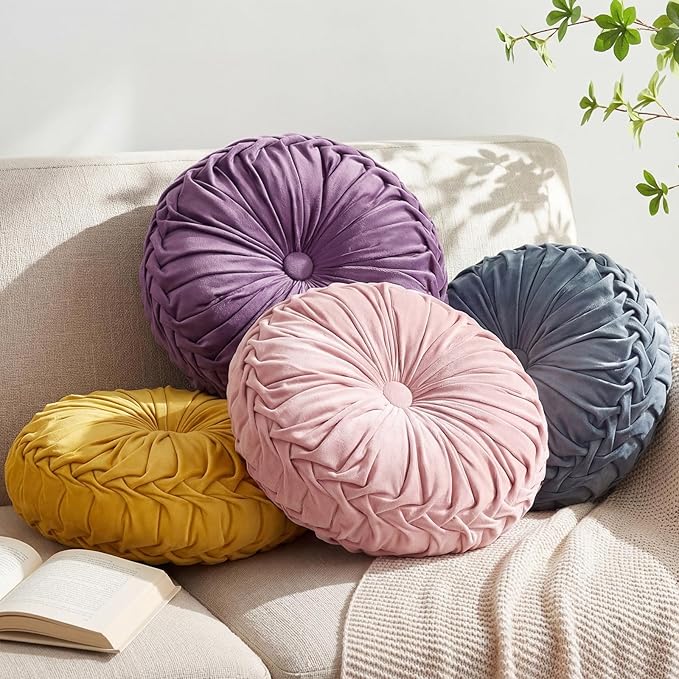 Kathfly Set of 4 Decorative Round Pleated Throw Pillows, Classy Velvet Pumpkin