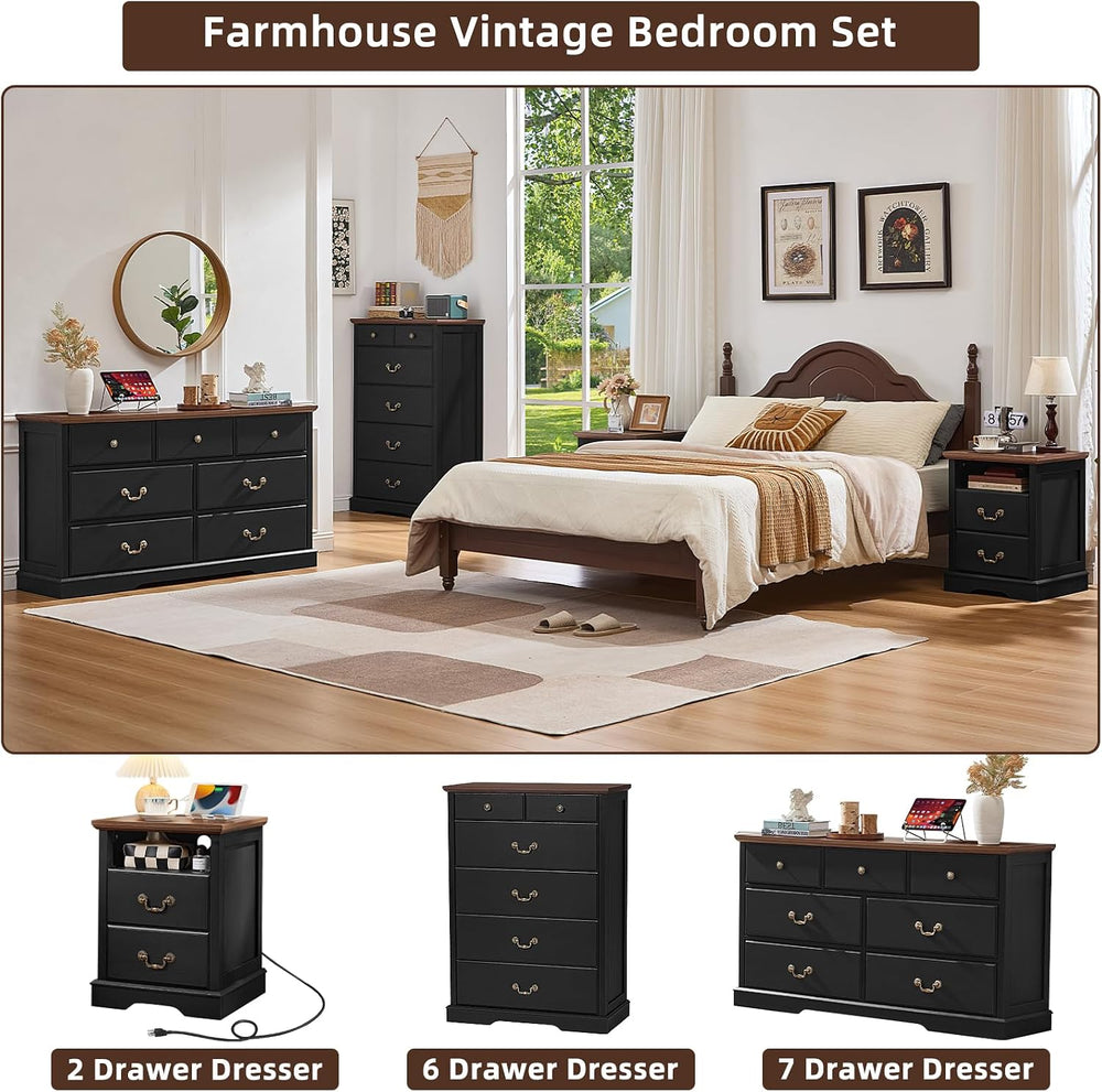 Farmhouse 7 Drawer Black Dresser for Bedroom