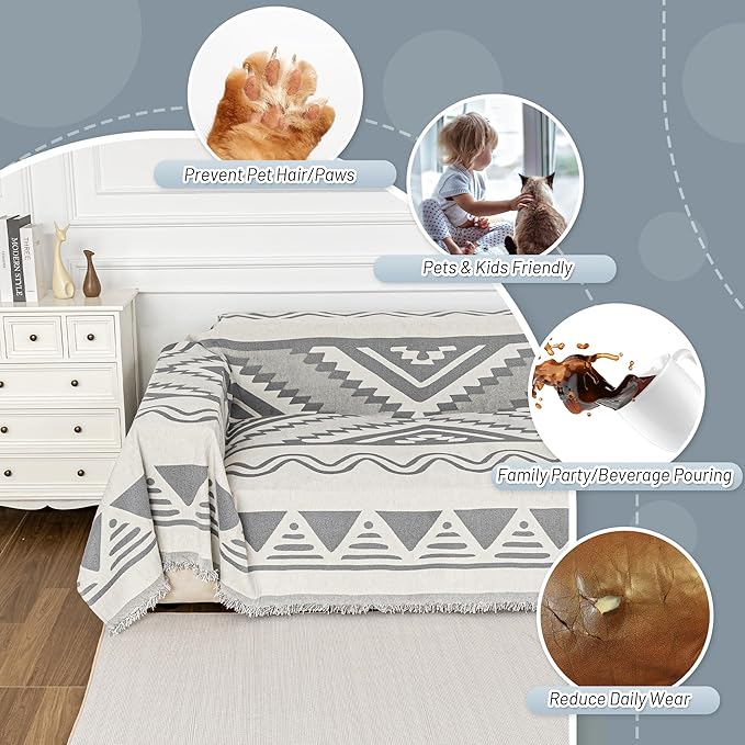 MYSKY HOME Boho Couch Cover for Dogs Washable Grey Rhombic Couch Sofa Protector - Image 4