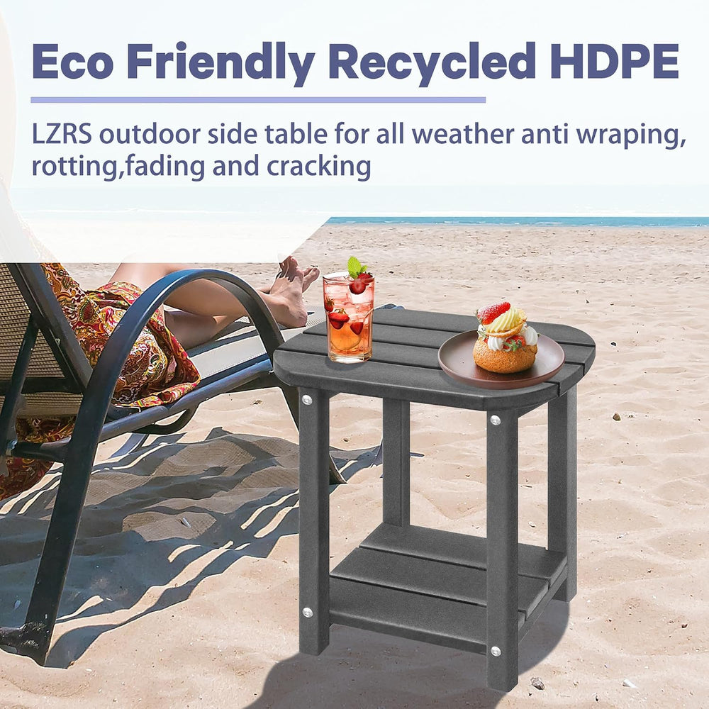 LZRS 2-Tier Patio Side Table, Heavy Duty HDPE Outdoor End Table with Wood Tex...