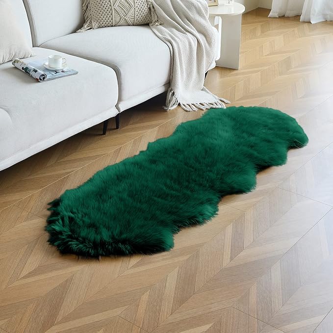 duduta Emerald Green Faux Sheepskin Runner Rug 2x6 ft, Fluffy Shag Bedroom Dorm - Image 5