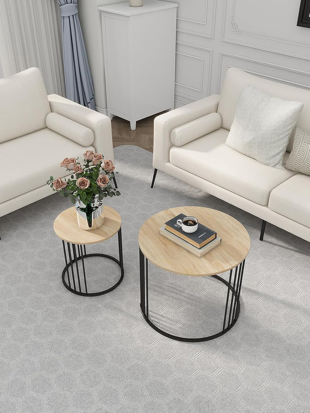 YORKING Nesting Coffee Table Set of 2, Round Table Set, Morden End Side Night...