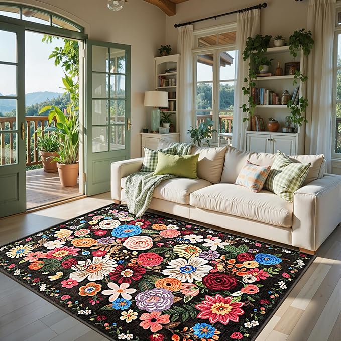 Area Rug 4x6 Black/Brown Rug, Washable Boho Rugs Non Slip Low Pile Floral Small by WelcometoBabovid