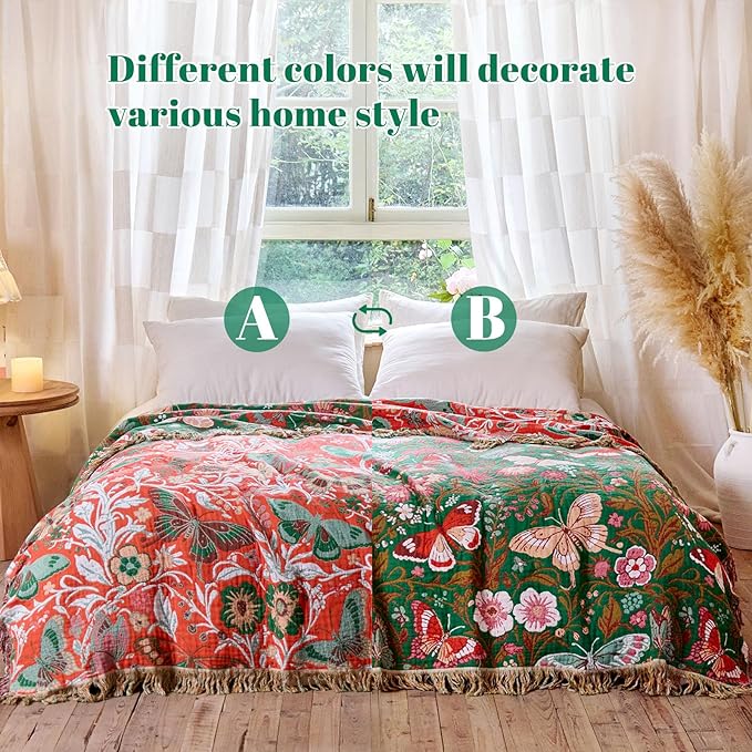MSGKV Boho Throw Blanket for Bed 60"x80" Butterfly Floral 100% Cotton Couch - Image 4