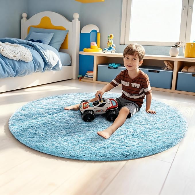 Ophanie Round Rug 4Ft Light Blue Circle Area Rugs, Fluffy Fuzzy Small Bedroom - Image 3