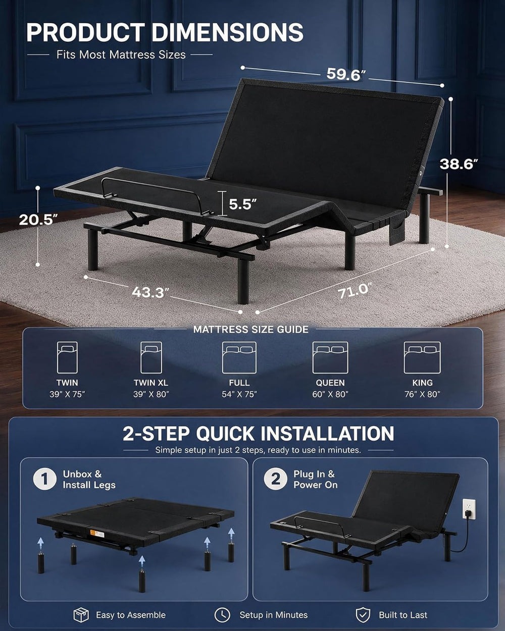 Marsail Adjustable Bed Frame Queen,Electric Bed with Massage and Remote