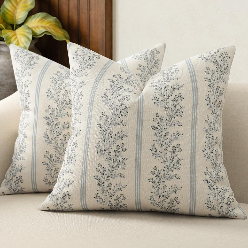 Vintage Throw Pillow Covers 18x18 Set of 2, Striped Floral Pillow Cover Botanical Patterned Decorative Cushion Covers Modern Farmhouse Home Decor for Sofa Couch Bed Living Room, Light Blue