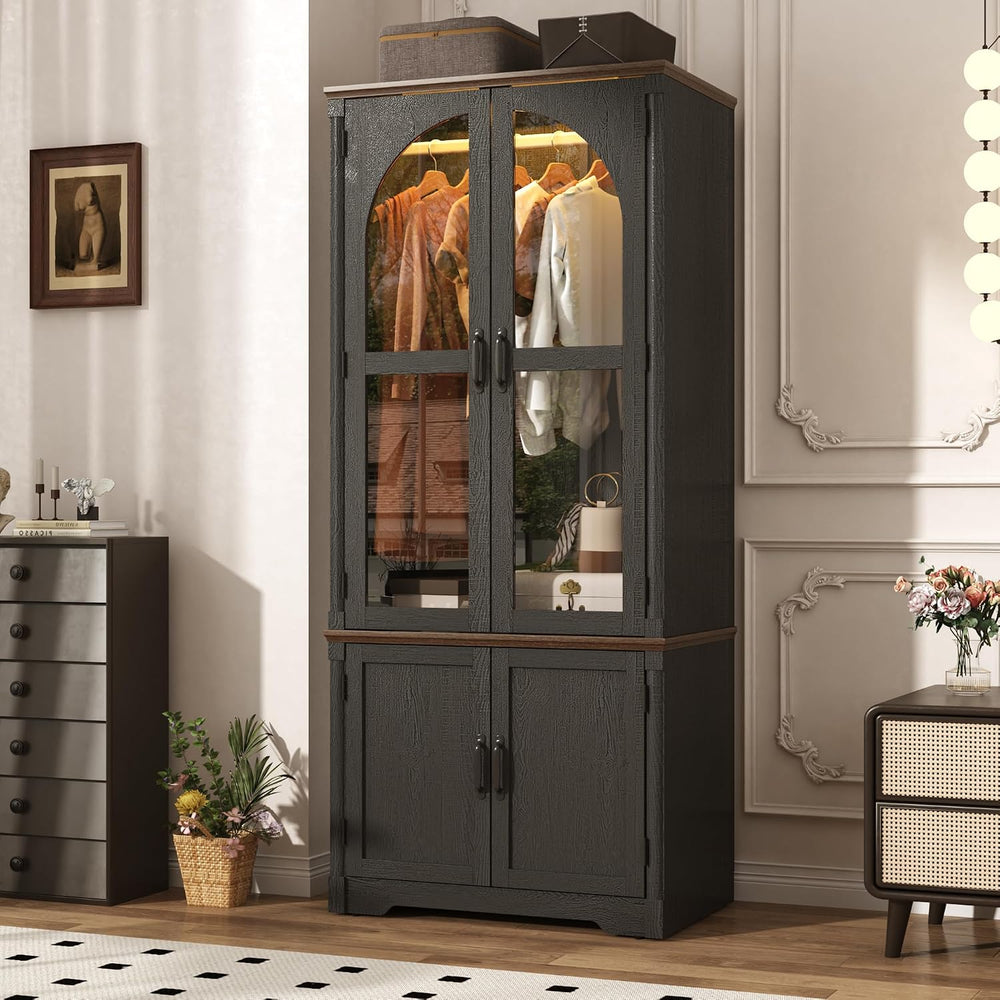 Tall Farmhouse 2 Doors Armoire Wardrobe Closet with LED ,72" Freestandin...
