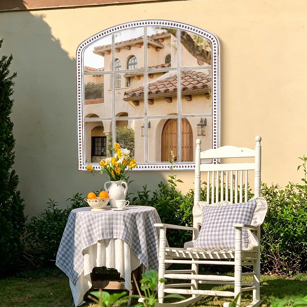 36x36 Inch Farmhouse Arched Window Mirror, Distressed Wooden Wall Mirrors