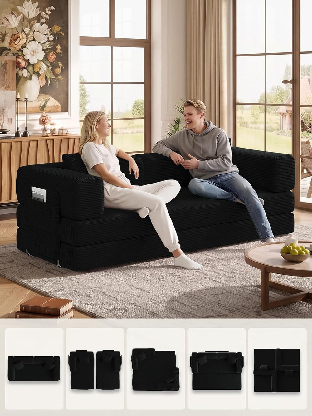 79.5" 5-in-1 Convertible Futon Sofa Bed, Boneless Corduroy, Black