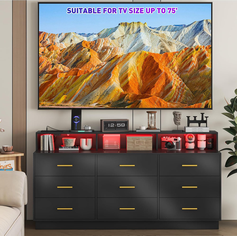 UNIQUITE Black 9 Drawer Dressers for Bedroom, Modern Large Dresser with LED L...